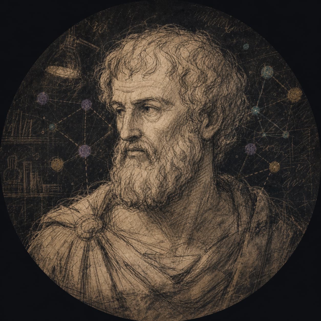 Rough graphite sketch of Aristotle surrounded by knowledge graph nodes